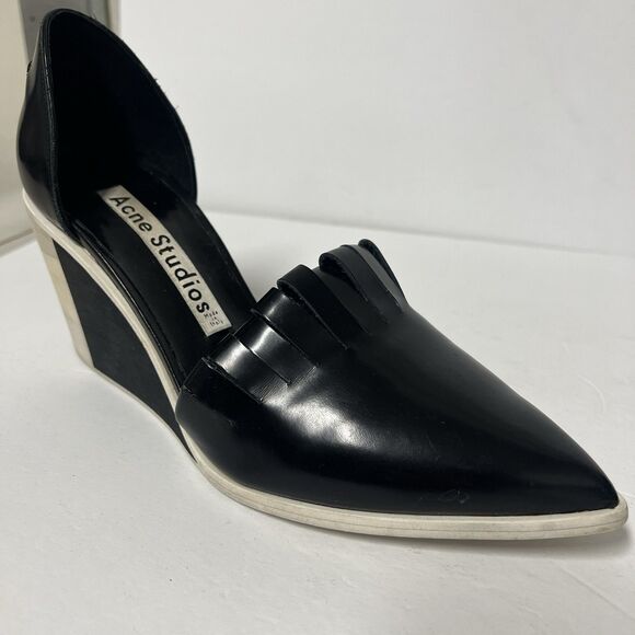 Acne Studios Black Patent D’Orsay Wedge Heels 39 US 8.5 Fringe Vamp Sculptural - Picture 6 of 10